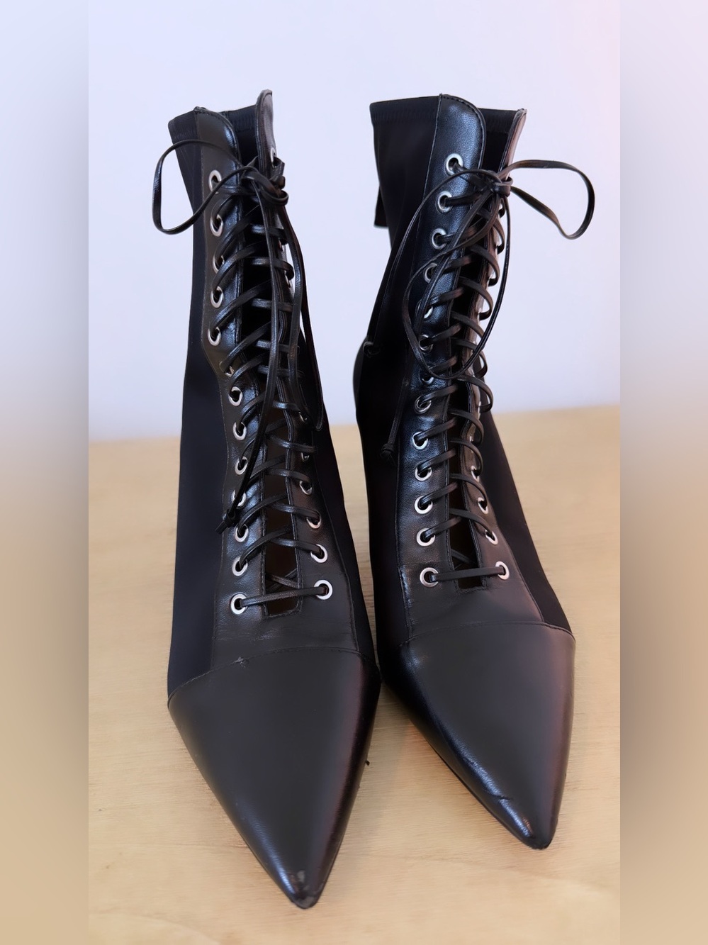 Zara Black Lace-Up Pointed Toe Ankle Boots